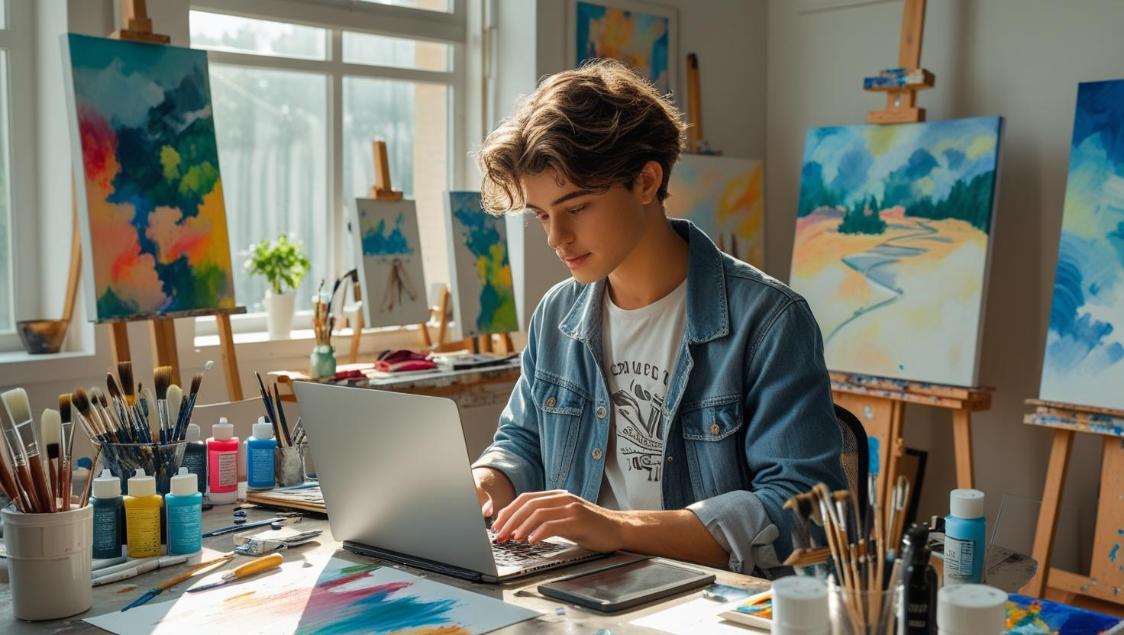Young artist browsing laptop in sunny studio surrounded by paintings and art supplies.