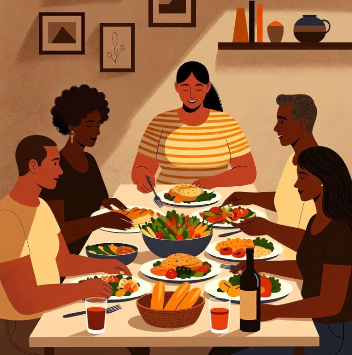 people with diverse body types sharing a meal in a warm, inviting setting